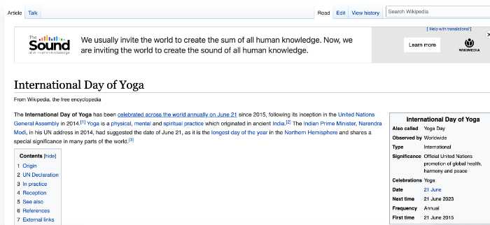 Wikipedia page snapshot on International Yoga Day